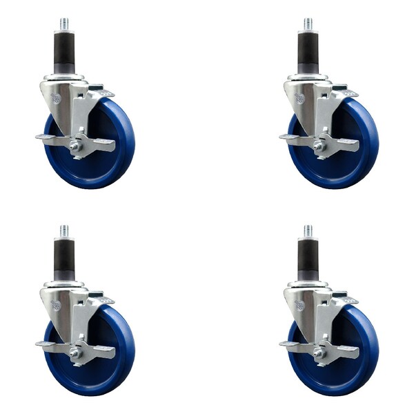 5'' SS Solid Poly Swivel 1-1/4'' Expanding Stem Caster Set with Brake, 4PK